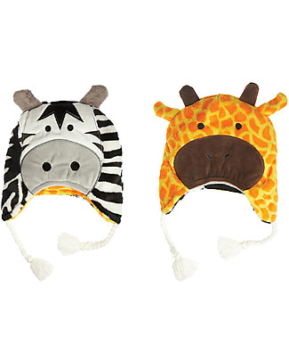 FlapJackKids Reversible Winter Hat Anti-UV UPF 50+, Giraffe & Zebra - 100% pile Winter Hats