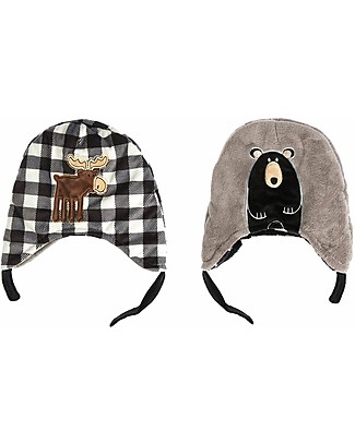 FlapJackKids Reversible Winter Hat Anti-UV UPF 50+, Moose & Bear - 100% pile Winter Hats