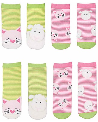 FlapJackKids Set 4 Pack of Anti-slip Socks - Cat and Lamb - Green/Pink Socks