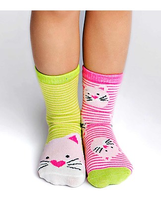 FlapJackKids Set 4 Pack of Anti-slip Socks - Cat and Lamb - Green/Pink Socks