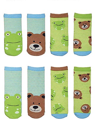 FlapJackKids Set 4 Pack of Anti-slip Socks - Frog and Bear - Brown/Green Antislip Socks