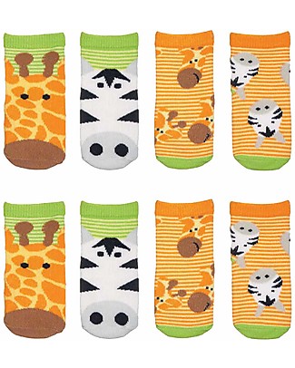 FlapJackKids Set 4 Pack of Anti-slip Socks - Giraffe and Zebra - Orange/Green Antislip Socks