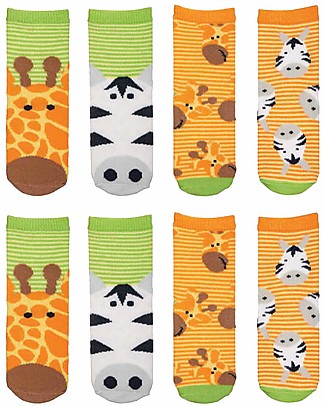 FlapJackKids Set 4 Pack of Anti-slip Socks - Giraffe and Zebra - Orange/Green Socks