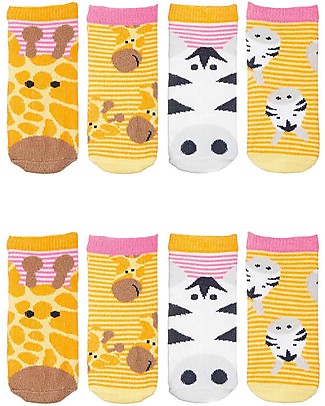 FlapJackKids Set 4 Pack of Anti-slip Socks - Giraffe and Zebra - Orange/Pink Antislip Socks
