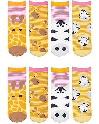 FlapJackKids Set 4 Pack of Anti-slip Socks - Giraffe and Zebra - Orange/Pink Socks