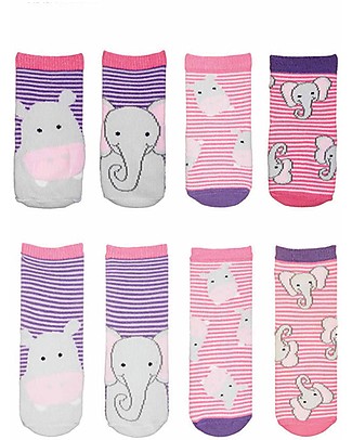 FlapJackKids Set 4 Pack of Anti-slip Socks - Hippo and Elephant - Purple/Pink Antislip Socks
