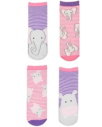 FlapJackKids Set 4 Pack of Anti-slip Socks - Hippo and Elephant - Purple/Pink Socks