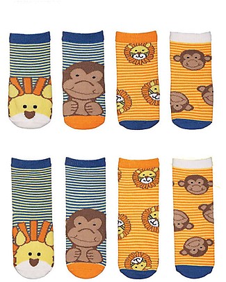 FlapJackKids Set 4 Pack of Anti-slip Socks - Lion and Monkey - Orange/Blue Socks