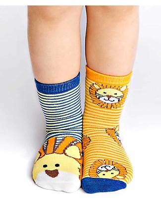 FlapJackKids Set 4 Pack of Anti-slip Socks - Lion and Monkey - Orange/Blue Socks
