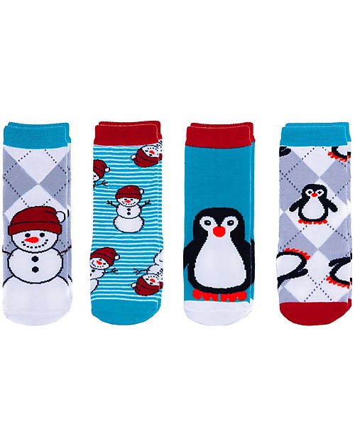 FlapJackKids Set 4 Pack of Anti-slip Socks - Snowman and Penguin - Blue/Red Antislip Socks