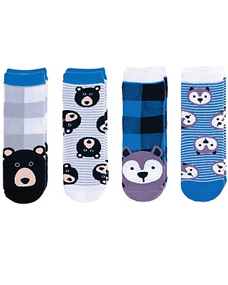 FlapJackKids Set 4 Pack of Anti-slip Socks - Wolf and Black Bear - Blue/Grey Antislip Socks