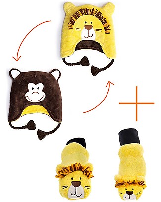 FlapJackKids Set Reversible Winter Hat Lion/Monkey + Lion Gloves - 100% Pile Anti-UV UPF 50+ Winter Hats