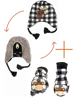 FlapJackKids Set Reversible Winter Hat Moose/Bear + Moose Gloves - 100% Pile Anti-UV UPF 50+ Winter Hats
