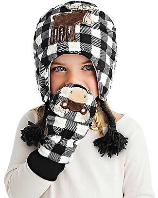FlapJackKids Set Reversible Winter Hat Moose/Bear + Moose Gloves - 100% Pile Anti-UV UPF 50+ Winter Hats