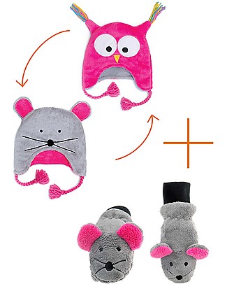 FlapJackKids Set Reversible Winter Hat Owl/Mouse + Mouse Gloves - 100% Pile Anti-UV UPF 50+ Winter Hats