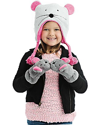 FlapJackKids Set Reversible Winter Hat Owl/Mouse + Mouse Gloves - 100% Pile Anti-UV UPF 50+ Winter Hats