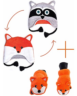 FlapJackKids Set Reversible Winter Hat Raccoon/Fox + Fox Gloves - 100% Pile Anti-UV UPF 50+ Winter Hats