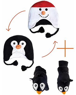 FlapJackKids Set Reversible Winter Hat Snowman/Penguin + Penguin Gloves - 100% Pile Anti-UV UPF 50+ Winter Hats