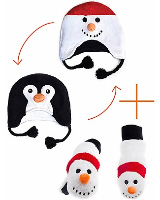 FlapJackKids Set Reversible Winter Hat Snowman/Penguin + Snowman Gloves - 100% Pile Anti-UV UPF 50+ Winter Hats