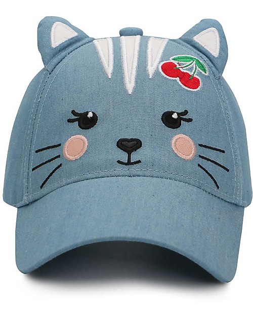FlapJackKids Summer Brim Cap 3D - Cat Denim - Elasticated Cotton (4-6 Years) Sunhats