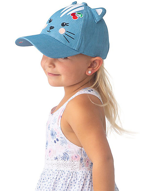 FlapJackKids Summer Brim Cap 3D - Cat Denim - Elasticated Cotton (4-6 Years) Sunhats