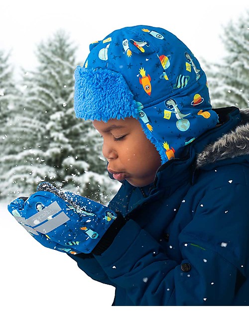 FlapJackKids Water Repellent and Windproof Trapper Hat - Dino - Soft Sherpa Lining Winter Hats