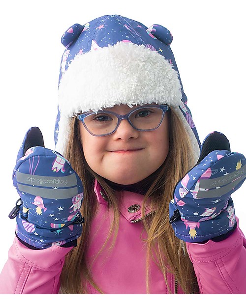 FlapJackKids Water Repellent and Windproof Trapper Hat - Indigo Unicorn - Soft Sherpa Lining Winter Hats