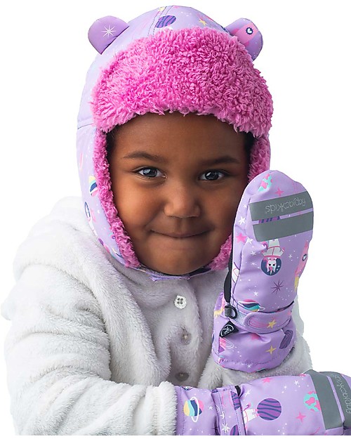FlapJackKids Water Repellent and Windproof Trapper Hat - Lilac Unicorn - Soft Sherpa Lining Winter Hats