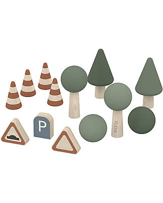 Flexa Wooden Accessories for Car Tracks - Trees/Bushes/Cones/Signs Montessori Toys