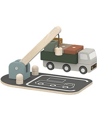 Flexa Wooden Truck - Warm Grey - with 4 Containers and Loading Crane Wooden Toy Cars, Trains & Trucks