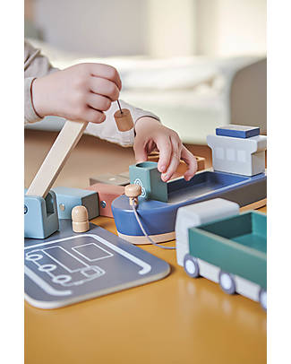Flexa Wooden Truck - Warm Grey - with 4 Containers and Loading Crane Wooden Toy Cars, Trains & Trucks