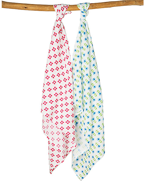 Frugi 2 Pack Muslin Squares, Button Flower/Tulips - 100% cotton muslin, 65 x 65 cm Muslin Swaddle