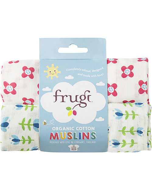 Frugi 2 Pack Muslin Squares, Button Flower/Tulips - 100% cotton muslin, 65 x 65 cm Muslin Swaddle