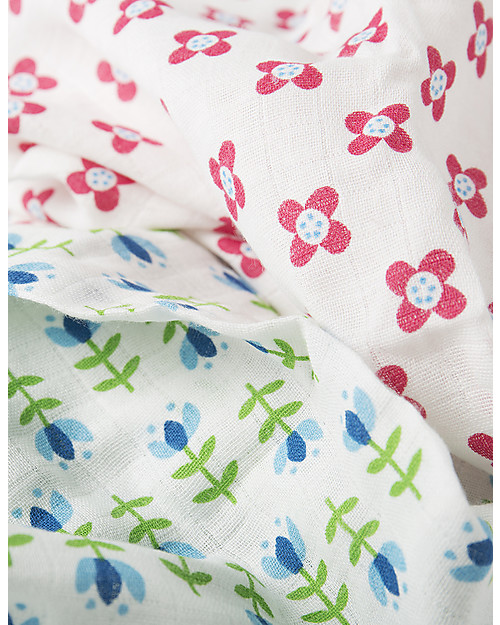 Frugi 2 Pack Muslin Squares, Button Flower/Tulips - 100% cotton muslin, 65 x 65 cm Muslin Swaddle