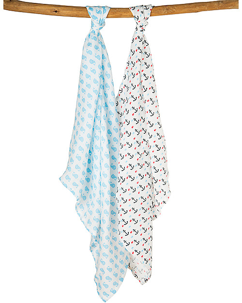 Frugi 2 Pack Muslin Squares, Little Whales/Anchors - 100% cotton muslin, 65 x 65 cm Muslin Swaddle