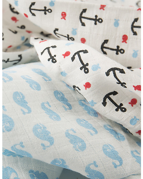 Frugi 2 Pack Muslin Squares, Little Whales/Anchors - 100% cotton muslin, 65 x 65 cm Muslin Swaddle