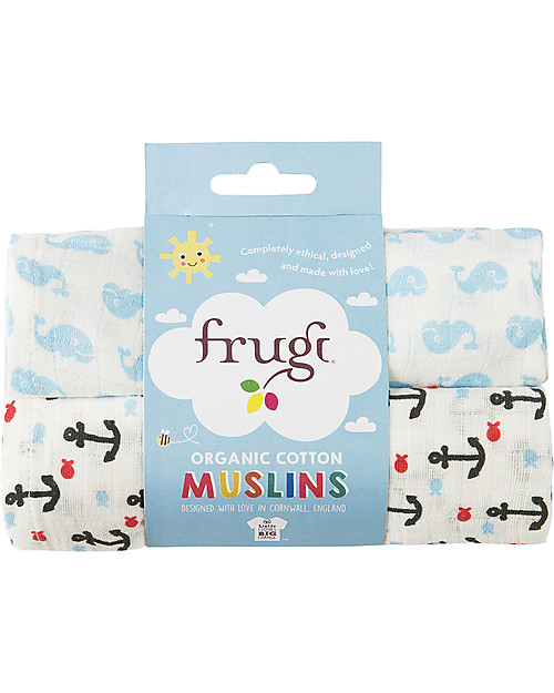 Frugi 2 Pack Muslin Squares, Little Whales/Anchors - 100% cotton muslin, 65 x 65 cm Muslin Swaddle