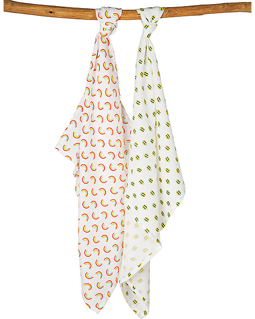 Frugi 2 Pack Muslin Squares, Rainbow/Bees - 100% cotton muslin, 65 x 65 cm Muslin Swaddle