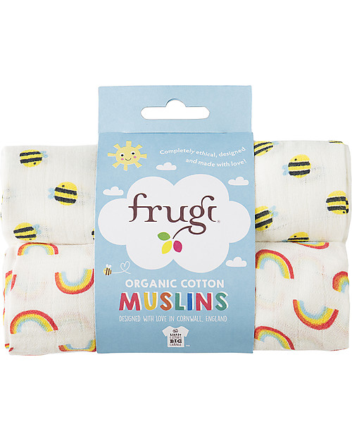 Frugi 2 Pack Muslin Squares, Rainbow/Bees - 100% cotton muslin, 65 x 65 cm Muslin Swaddle