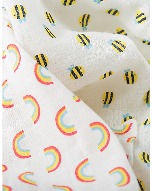 Frugi 2 Pack Muslin Squares, Rainbow/Bees - 100% cotton muslin, 65 x 65 cm Muslin Swaddle