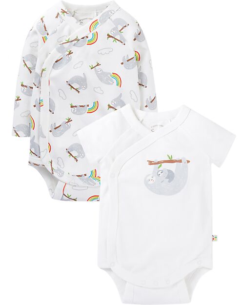 Frugi 2 Pack Short and Long Sleeve Babygrow - White with Sloths - Organic Cotton Long Sleeves Bodies