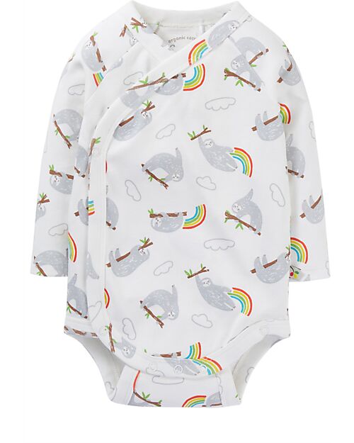 Frugi 2 Pack Short and Long Sleeve Babygrow - White with Sloths - Organic Cotton Long Sleeves Bodies