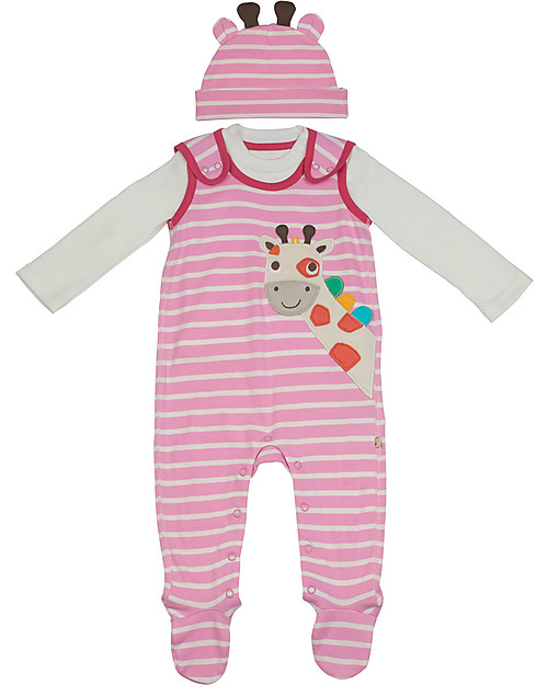 Frugi 3-pieces Snuggle Baby Gift Set: Dungarees, Top, Hat - Giraffe - Organic Cotton Long Sleeves Tops