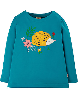 Frugi Alana Cosy Applique Top - Tobemory Teal / Hedgehog - Organic Cotton Long Sleeves Tops