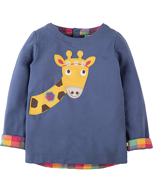 Frugi Alana, Long Sleeved Top with Applique, Blue Lake/Giraffe - Organic cotton Long Sleeves Tops