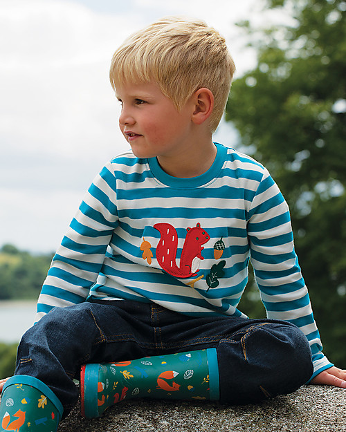 Frugi Aspen Applique Top - Teal Breton/Squirrel - Organic cotton Long Sleeves Tops
