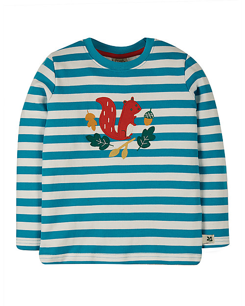Frugi Aspen Applique Top - Teal Breton/Squirrel - Organic cotton Long Sleeves Tops