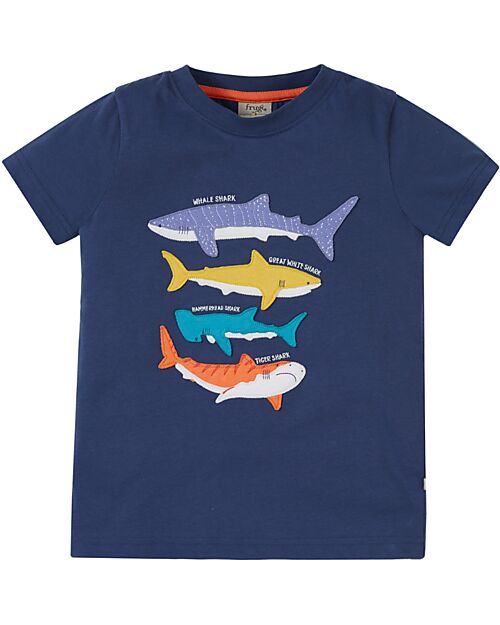 Frugi Avery Appliqué T-Shirt - Navy Blue/Sharks - Organic Cotton T-shirts