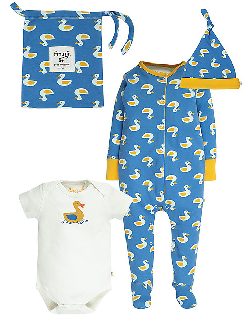 Frugi Baby Gift Set -Puddle Ducks - Bodysuit+BabyGrow+Hat Sets And Co-Ords
