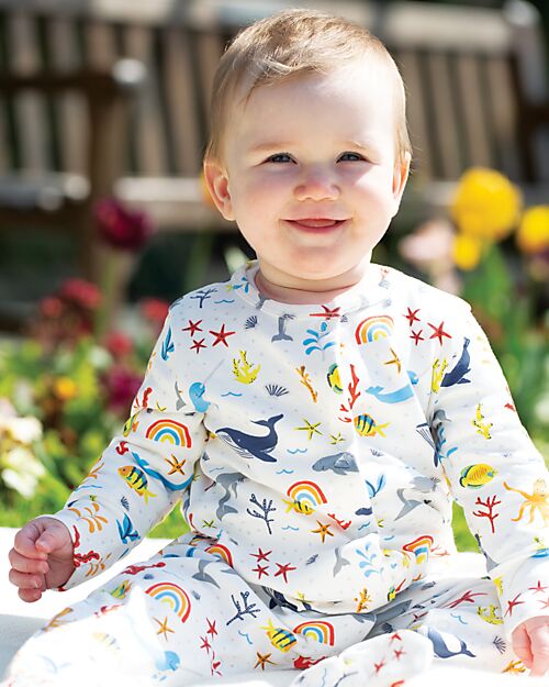 Frugi Babygrow - White with Rainbow Sea - Organic Cotton Babygrows